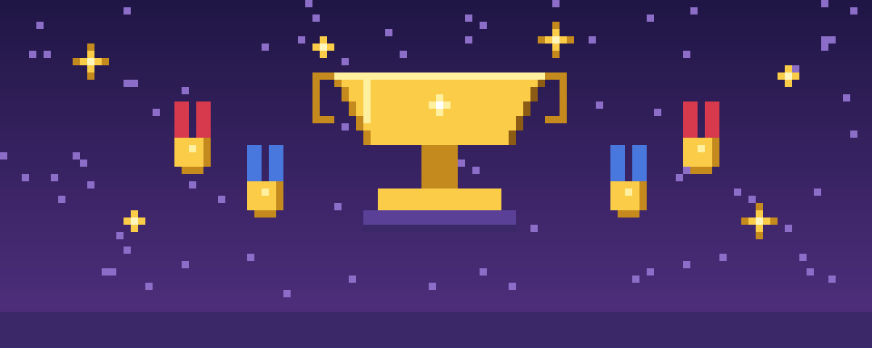Pixel-art trophy surrounded by medals under a starry sky