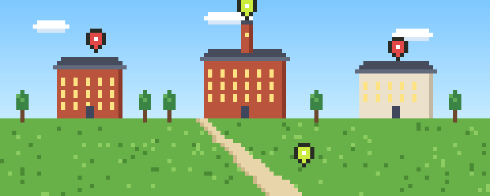 Pixel-art campus with map pins over brick buildings
