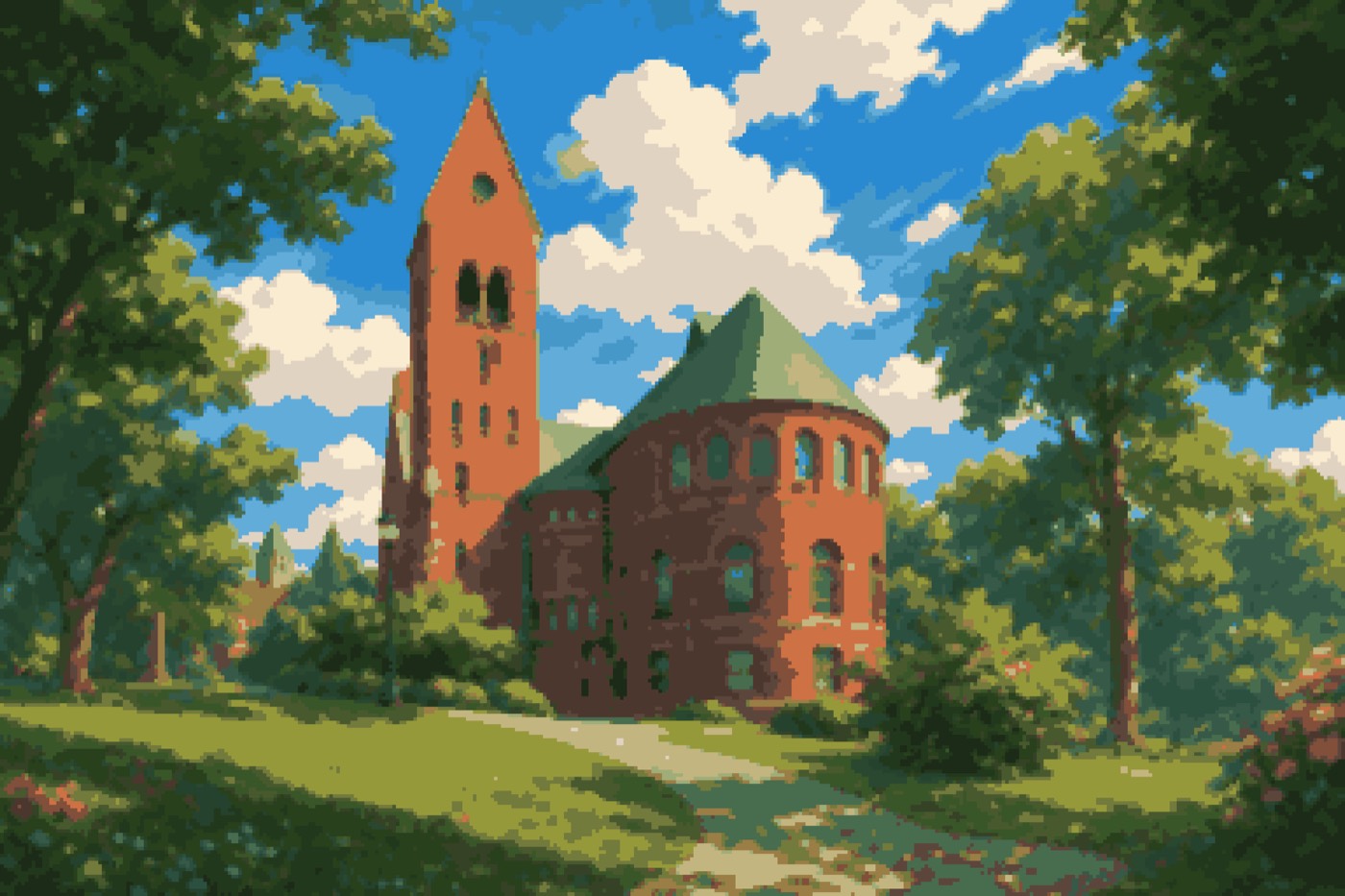 Barnes Hall on a summer day, pixel art