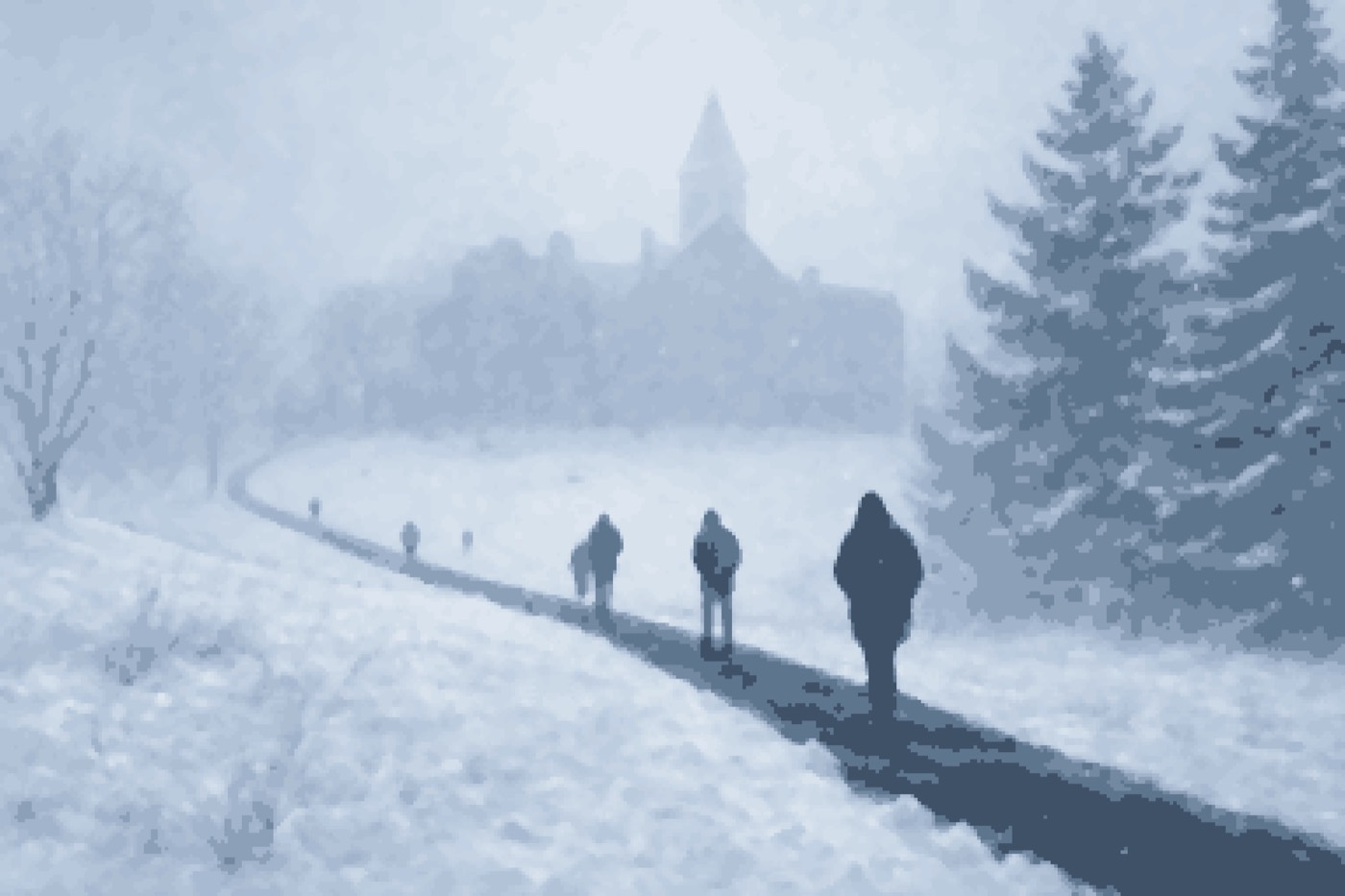 Students walking up Libe Slope in a snowstorm, pixel art