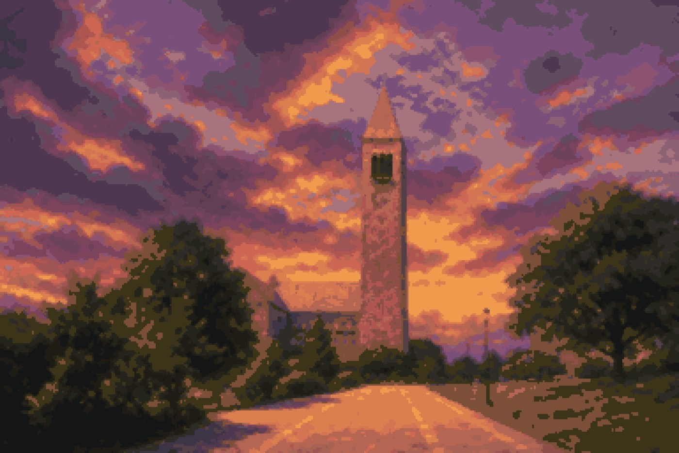 McGraw Tower at twilight, pixel art