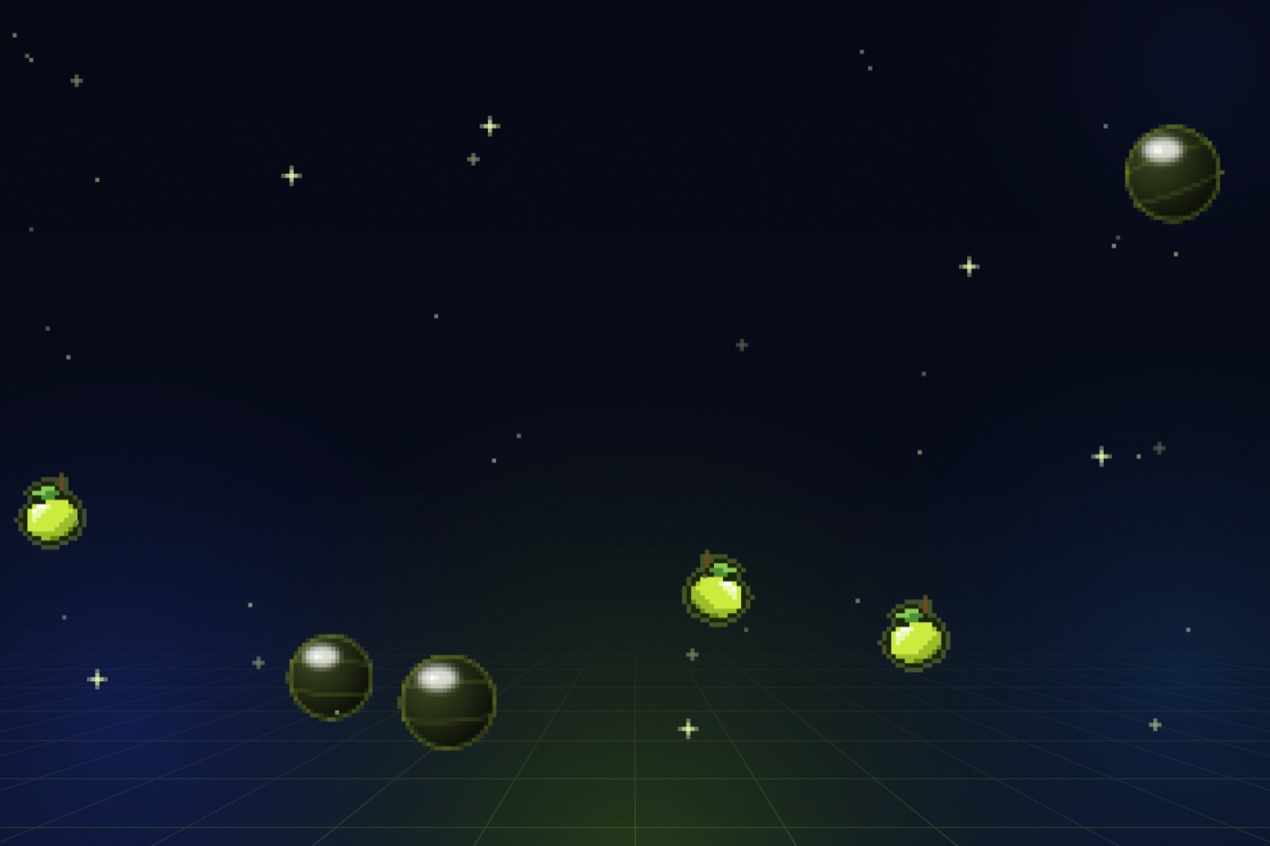 Dark starfield with glowing lime lemons