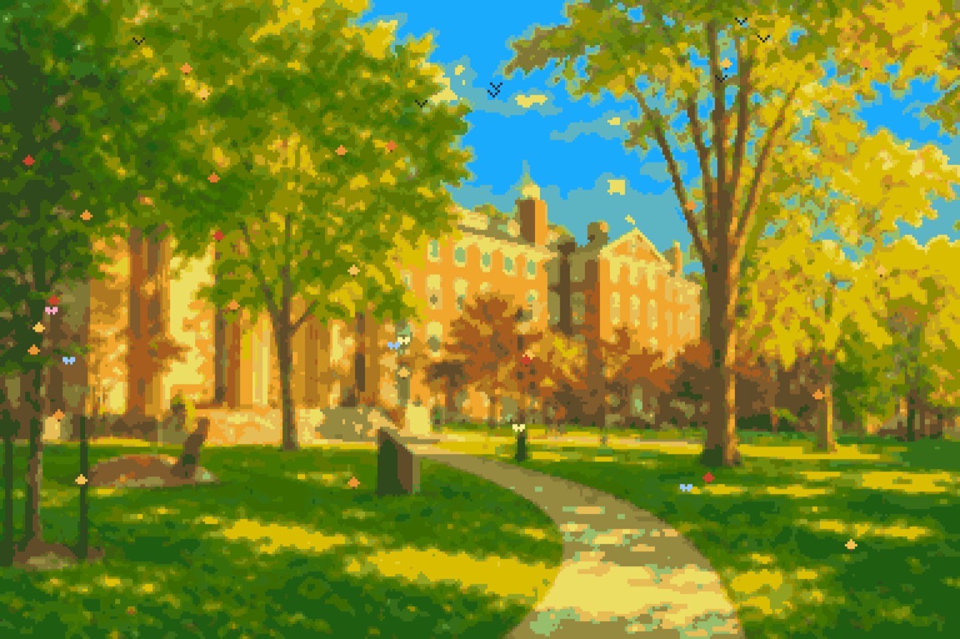 Sunlit path across the Quiet Green, pixel art