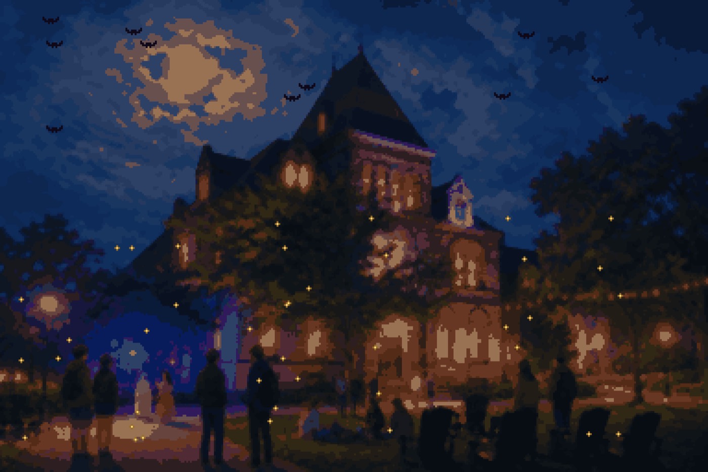 Sayles Hall at night under a full moon, pixel art