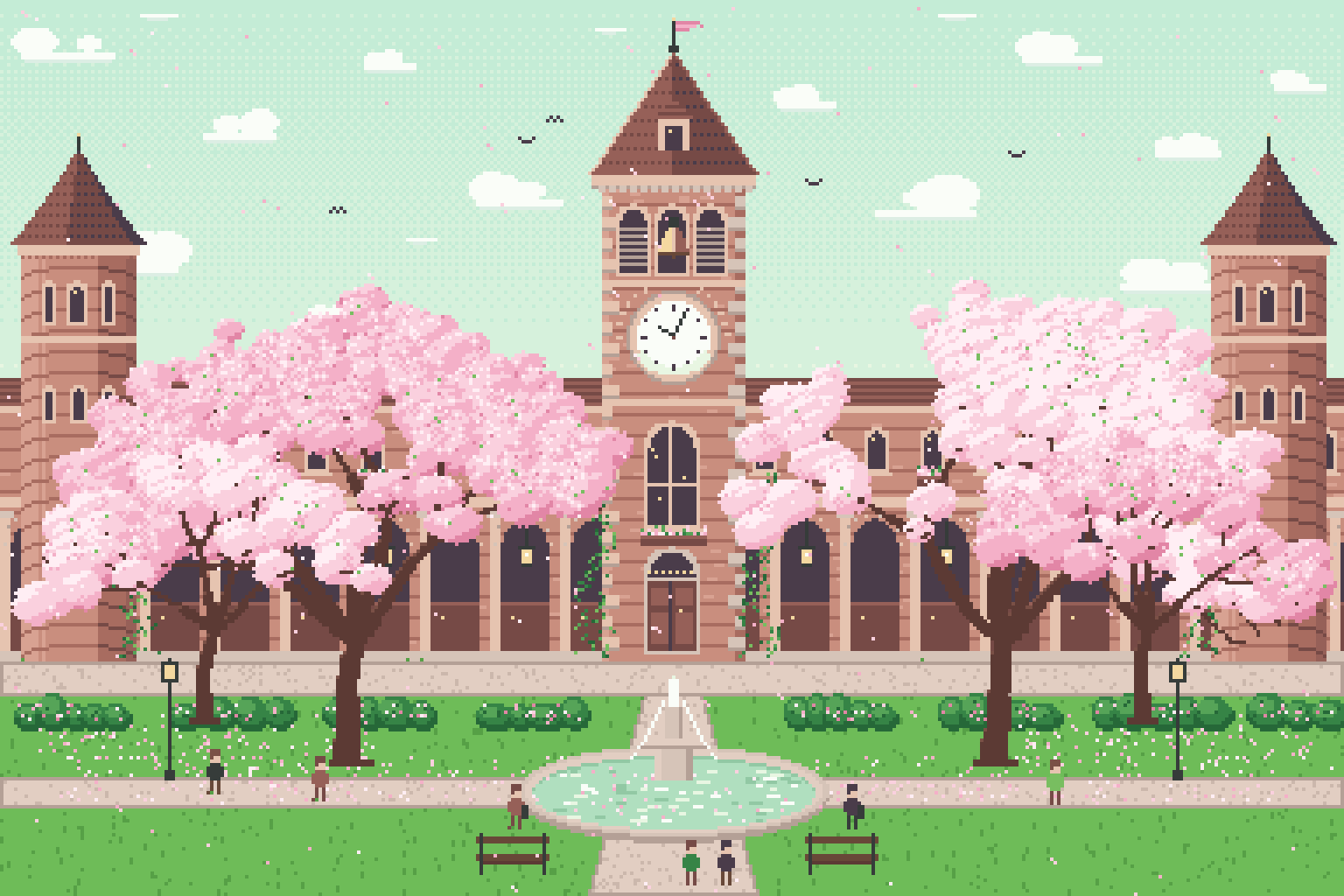 Spring Blossoms: cherry trees around a fountain before a clock tower and arcade, pixel art