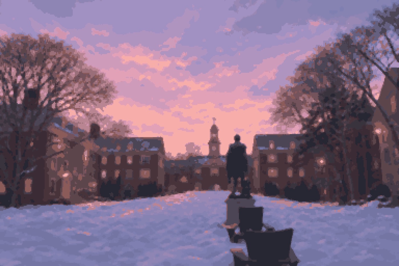 Wriston Quad covered in snow at dusk, pixel art